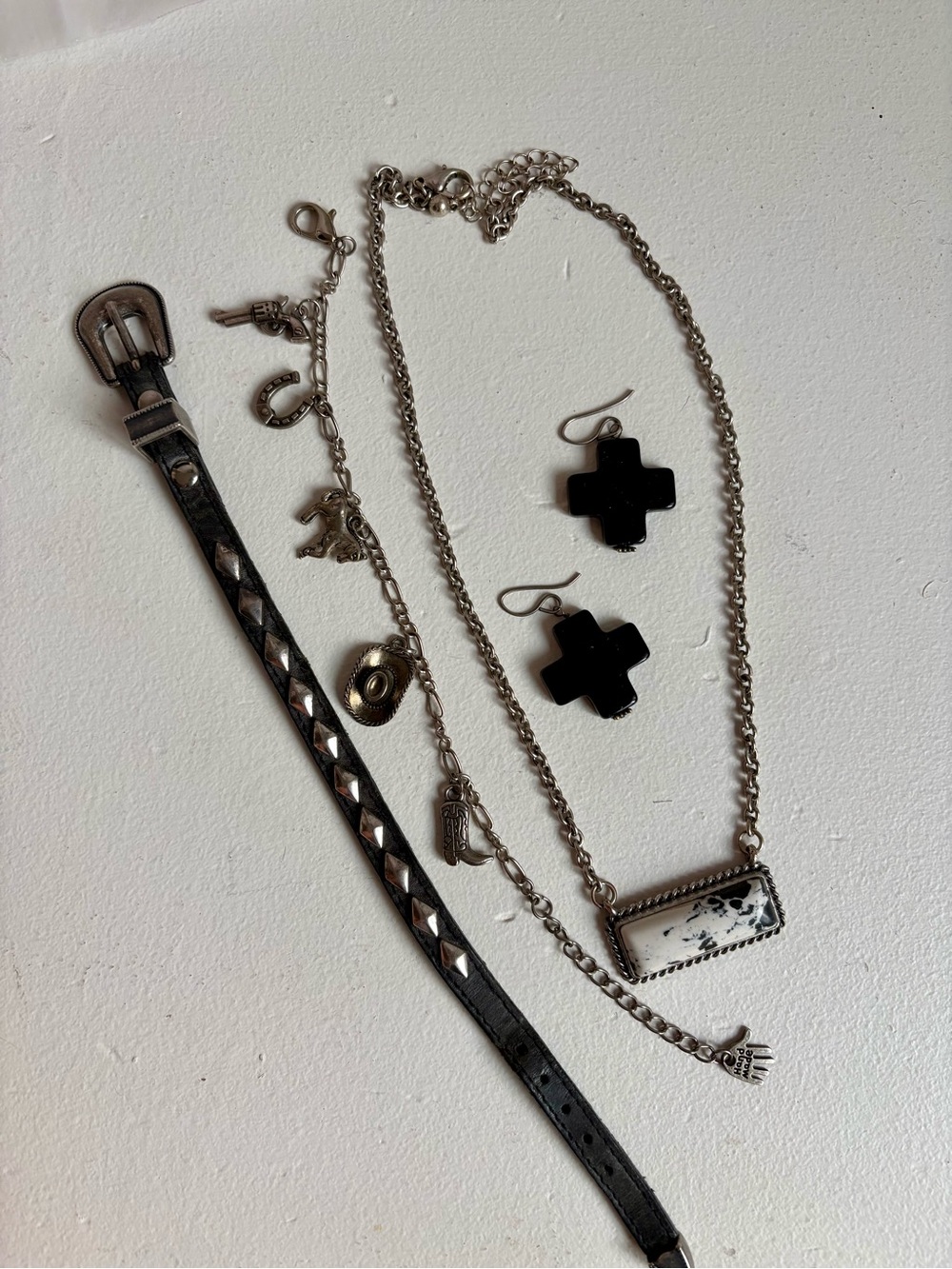 Silver Tone Black Cross Earrings & Pendant Necklace Set
